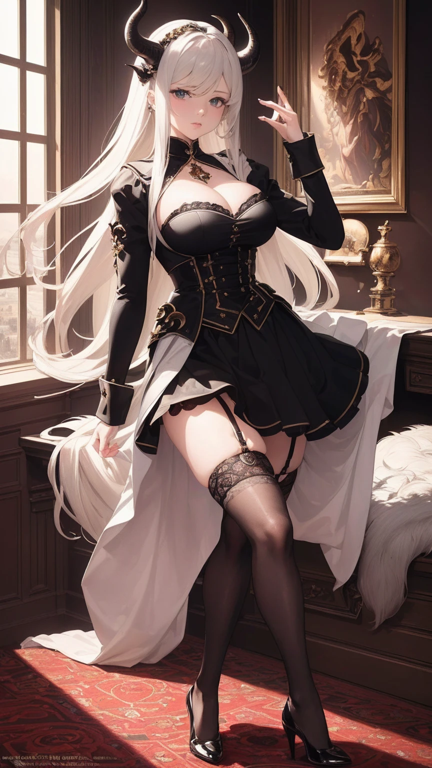 (masterpiece, top quality, best quality, official art, beautiful and aesthetic:1.3), (8k, best quality, masterpiece:1.2),(full body:1.3) (large breasts:1.2), long hair, black thighhighs, high heel, (microskirt:1.1), garter belt, dragon's horn,dragon's wing,