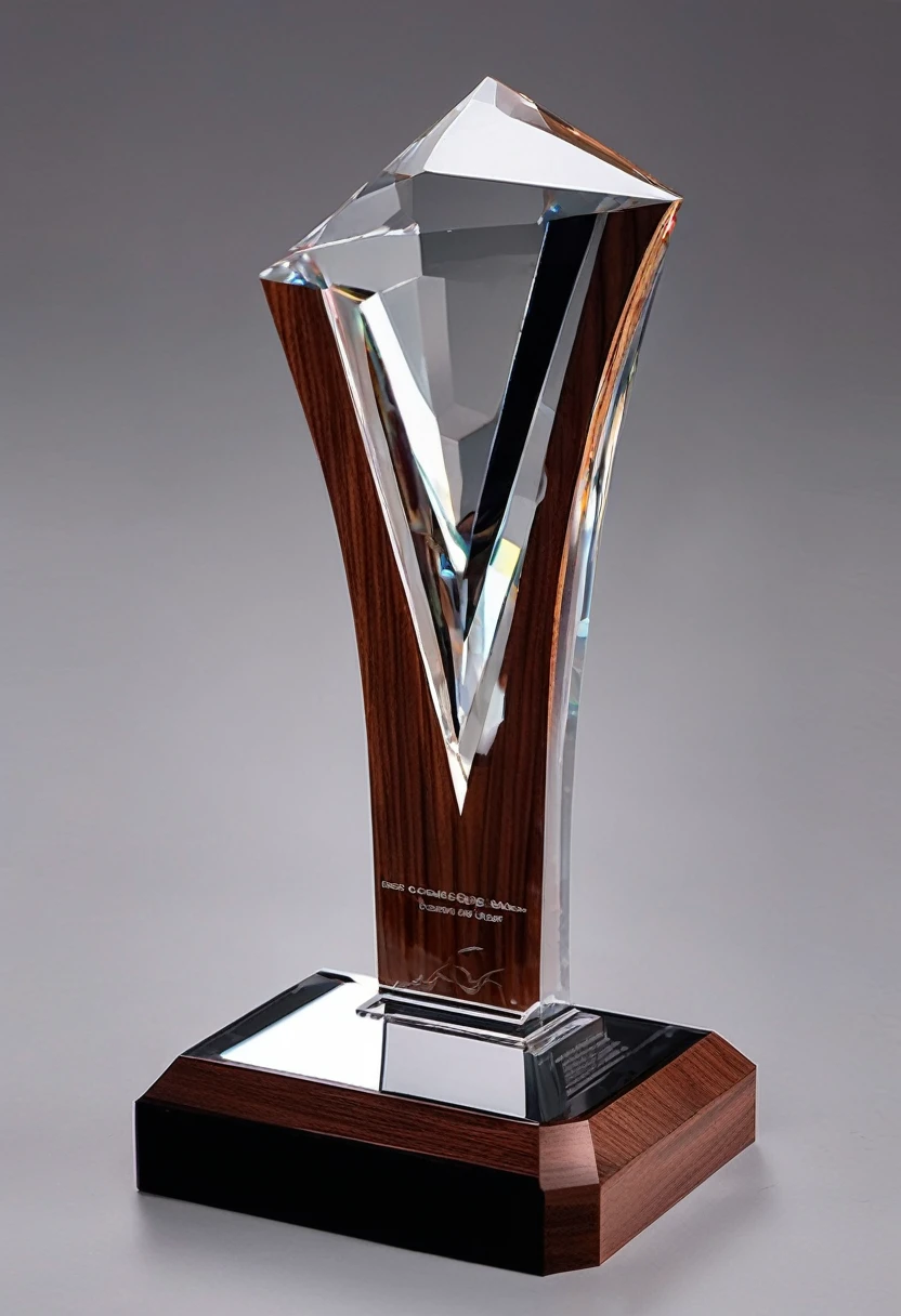 A minimalist, creative and futuristic crystal dance trophy;Walnut wood base。