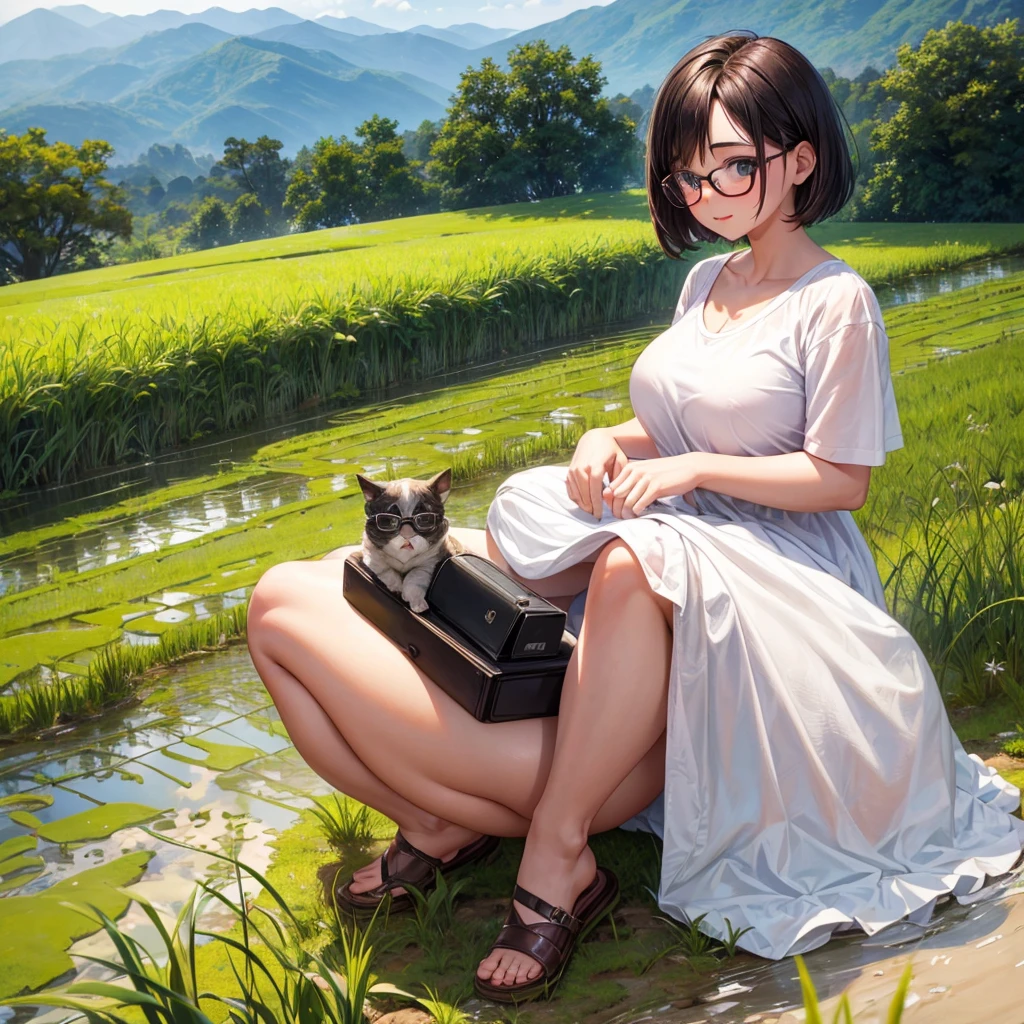 A cute late- with short hair and glasses in the middle of a chubby rice field.Plump, wears glasses, only one person, cute, bright, middle-aged, wears a dress.