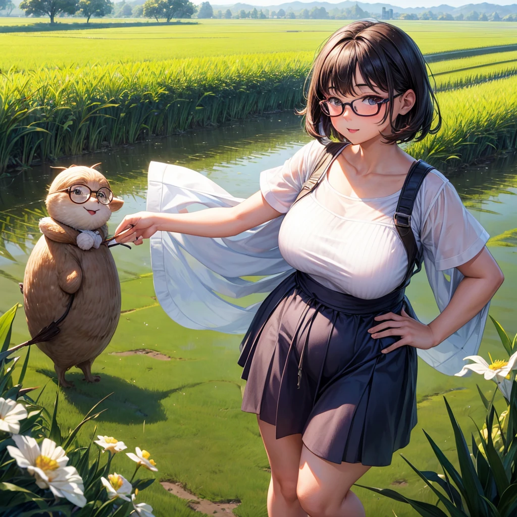 A cute late- with short hair and glasses in the middle of a chubby rice field.Plump, wears glasses, only one person, cute, bright, middle-aged, wears a dress.