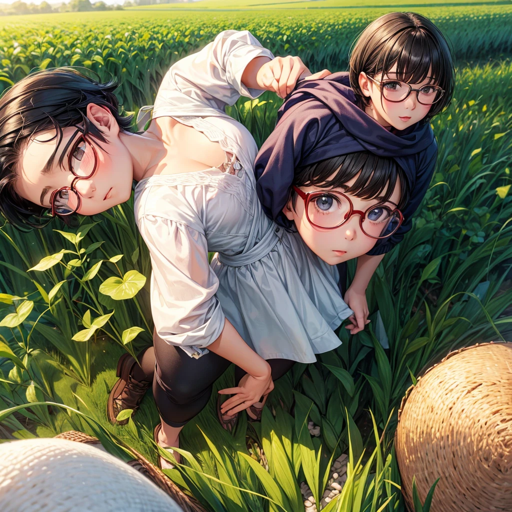 A cute late-teen with short hair and glasses in the middle of a chubby rice field.Plump, wears glasses, only one person, cute, bright, middle-aged, wears a dress.