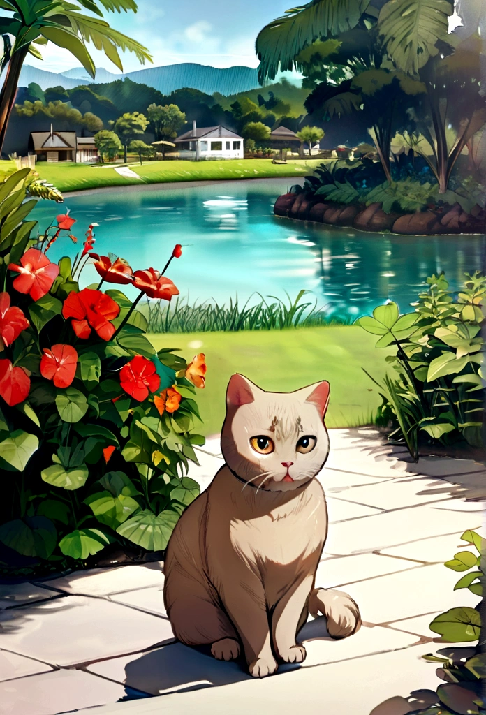 Scottish Fold Cat, Adorable, Tropical Garden, Lakeside, I can see the house in the distance.