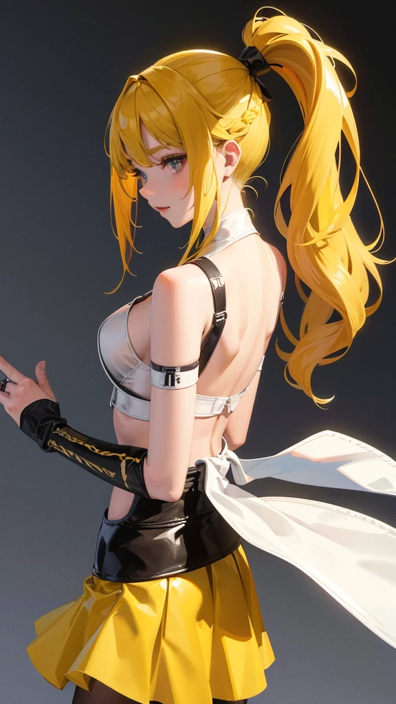 Beautiful girl in a short skirt with yellow hair in a ponytail on both sides, wallpaper. 3D