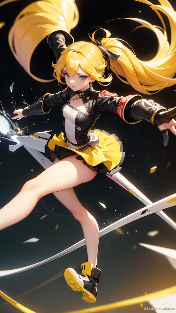 Beautiful girl in a short skirt with yellow hair in a ponytail on both sides, wallpaper. 3D
