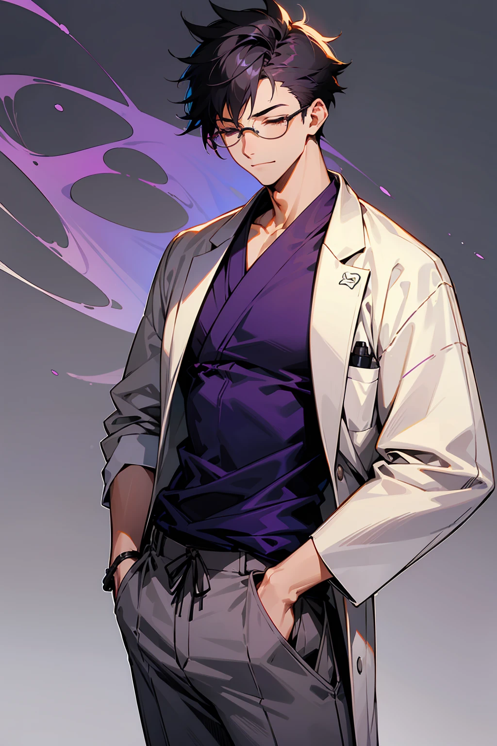 1male, Young Adult, Dark Purple, Eyes Closed, Short Hair, Spikey Hair, Grey Pants, Dojo Background, Slight Smile, Glasses, Standing In City, Detailed background, Dojo Outfit, Lab Coat\