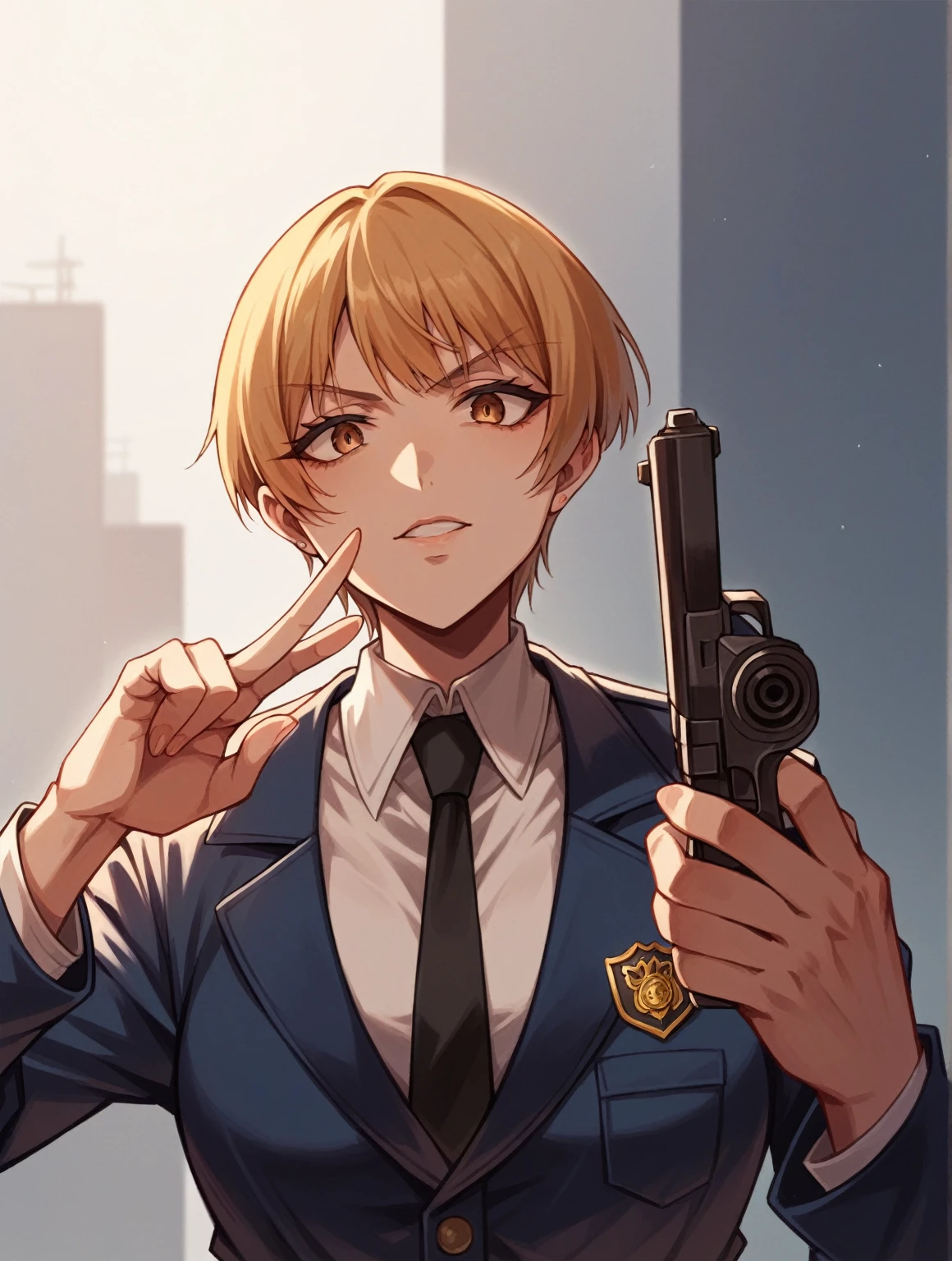 anime tall girl, officer, policewoman, tall girl, holding handgun, serius eyes, with index finger, fine details, short hair, straight hair, White Shirt, blue blazer, thicc, 
shigenori soejima illustration, high quality fanart, portrait n - 9,