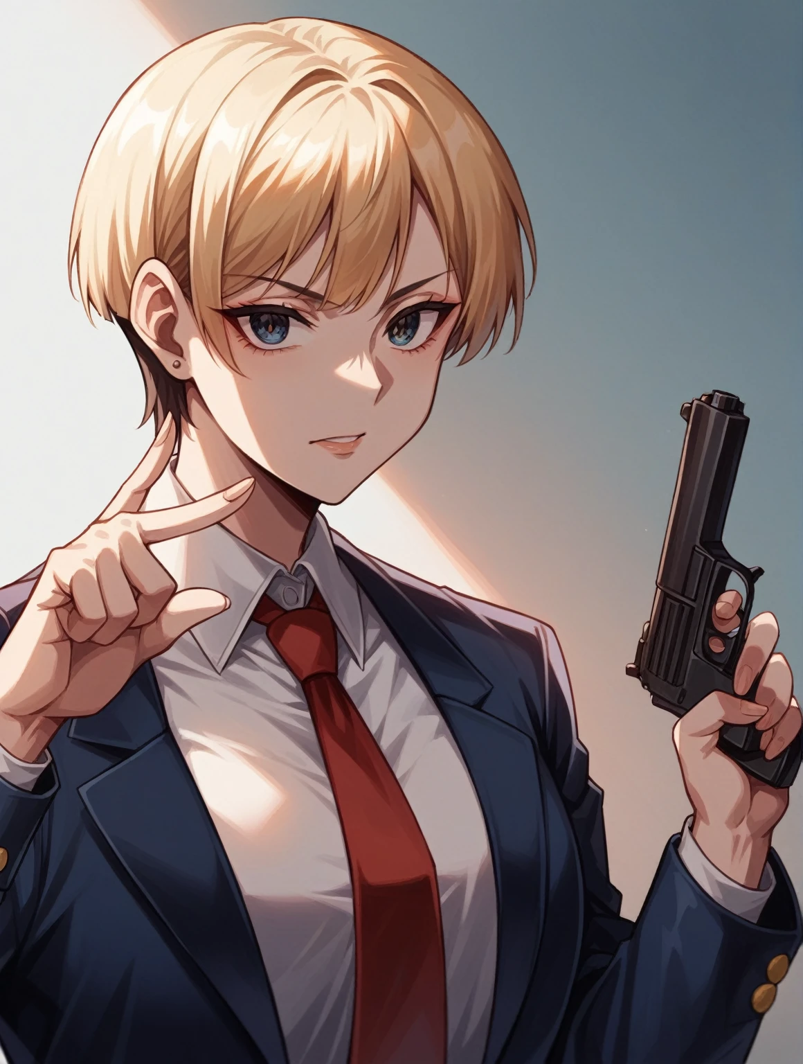 anime tall girl, officer, policewoman, tall girl, holding handgun, serius eyes, with index finger, fine details, short hair, straight hair, White Shirt, blue blazer, thicc, 
shigenori soejima illustration, high quality fanart, portrait n - 9,