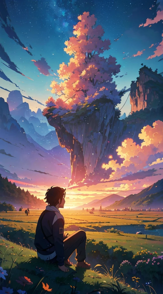 a boy sitting on a cloudy autumn meadow, viendo un vasto cielo, hiervas altas, cielo nublado, makoto shinkai cyril rolando, Fondo de pantalla de arte anime 4k, Fondo de pantalla de arte anime 4K, fondo animado, fondo de pantalla de arte anime 8 K, fondo animado art, Fondo De Pantalla De Paisaje De Anime, amazing wallpaper, hd wallpaper, fondo de pantalla animado 4k, fondo de pantalla animado 4k, arte de Aries Moross,arte de Bob Byerley , AshleyWoodArtAI, greg rutkowski