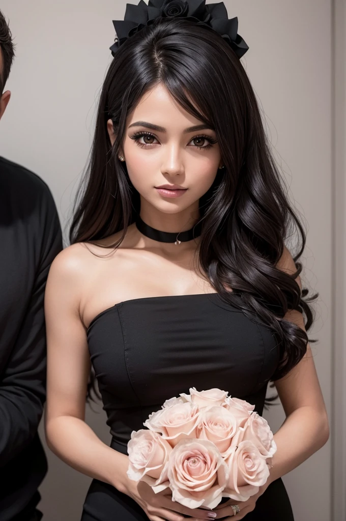 Mulher toda de rosa, junto com uma toda preto, junto com um homem todo de preto