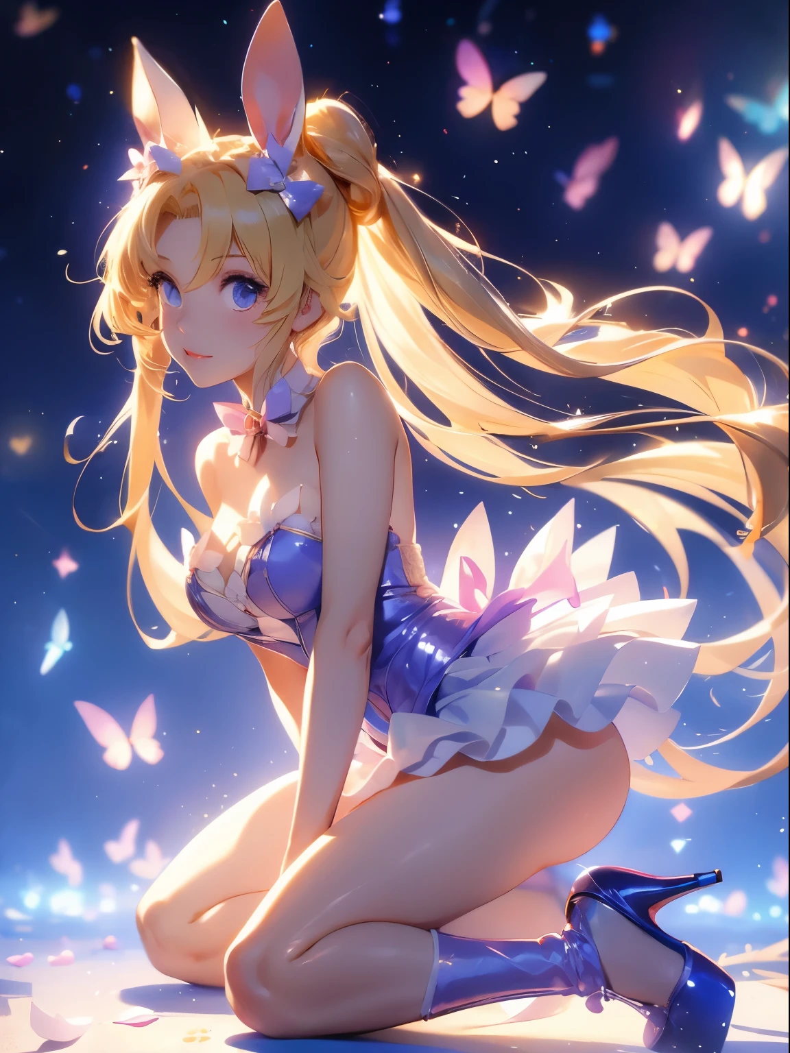 tsukino usagi, blonde hair, blue eyes, bunny ears, bunny costume, woman, beautiful girl, bows, heels, kemonomimi, long hair, playboy bunny outfit, shoes two bows, two pigtails, usagimimi,