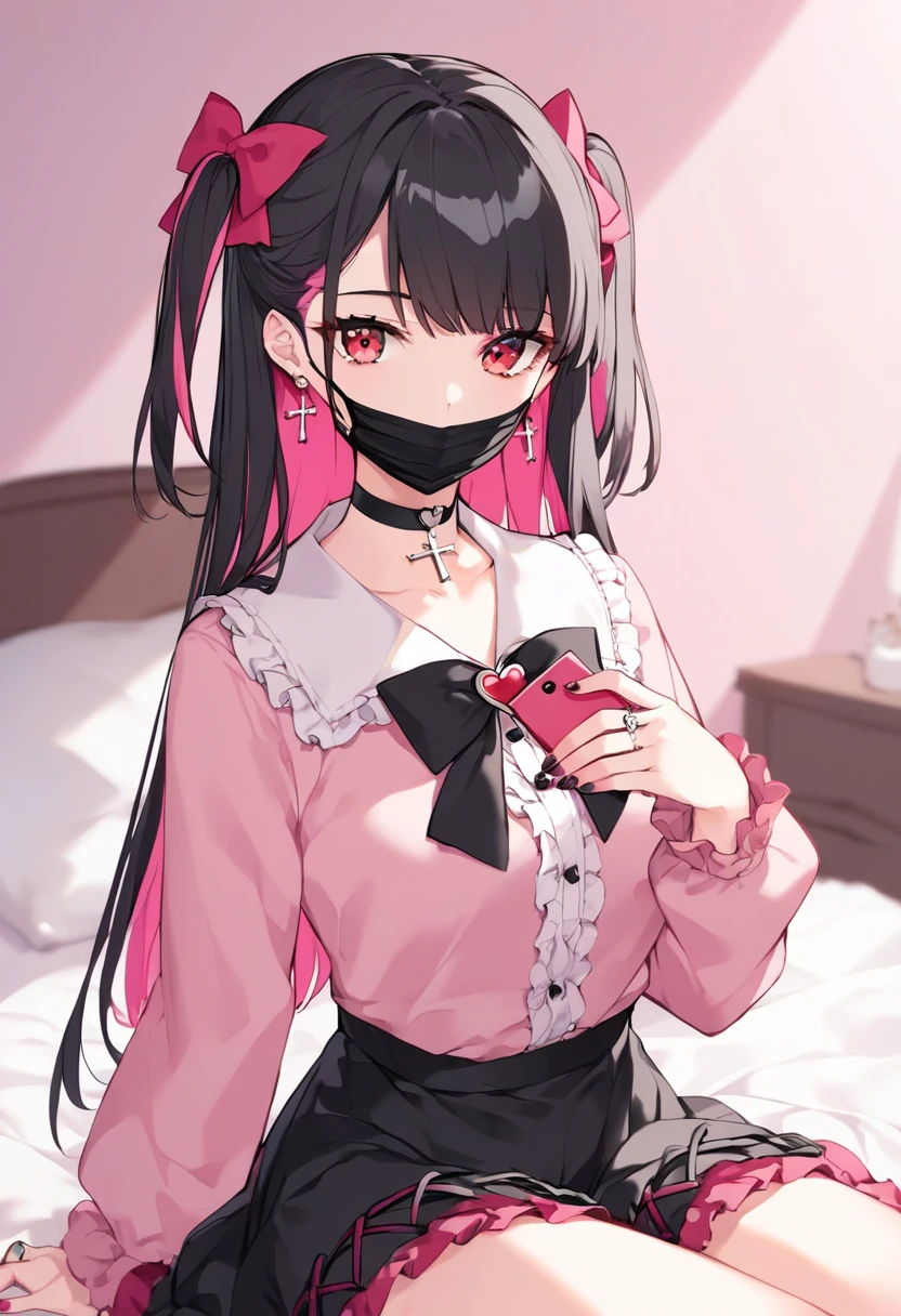 (score_9_, score_8_up, score_7_up, source_anime, 8k, masterpiece, best quality, ultra-detailed, an extremely delicate and beautiful, official style, depth of field, highly detailed, very aesthetic, intricate, overall detail, perfect anatomy), looking at viewer, ((faint light:1.2)), sit, on bed, (hotel room, love hotel, pink wall, pink bed sheet), (condom box, okamoto condom 0.01), smartphone, BREAK 1girl, solo, (black hair, pink hair, two-tone hair), long hair, two side up, black hair bow, red eyes,  jirai kei, (cross-laced clothes, pink shirt, long sleeves, frilled sleeves), frill, black bowtie, black skirt, heart brooch, heart earrings, ring, nail polish, pink nails, black nails, black mouth mask, black choker, expressionless
