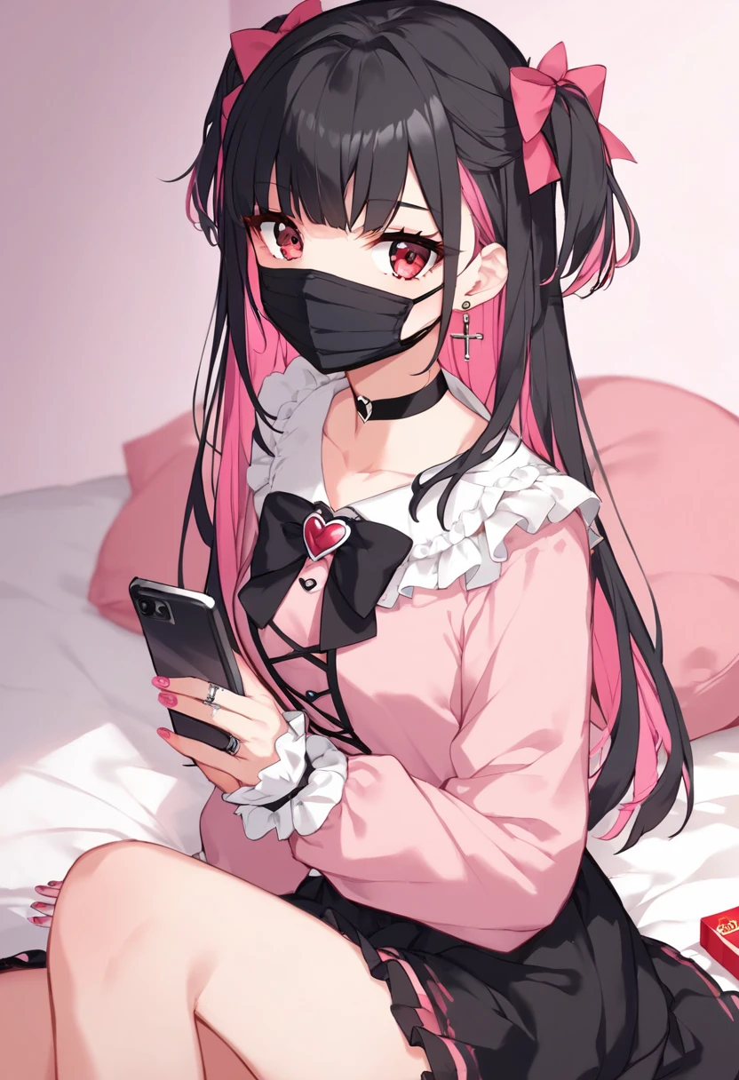 (score_9_, score_8_up, score_7_up, source_anime, 8k, masterpiece, best quality, ultra-detailed, an extremely delicate and beautiful, official style, depth of field, highly detailed, very aesthetic, intricate, overall detail, perfect anatomy), looking at viewer, ((faint light:1.2)), sit, on bed, (hotel room, love hotel, pink wall, pink bed sheet), (condom box, okamoto condom 0.01), smartphone, BREAK 1girl, solo, (black hair, pink hair, two-tone hair), long hair, two side up, black hair bow, red eyes,  jirai kei, (cross-laced clothes, pink shirt, long sleeves, frilled sleeves), frill, black bowtie, black skirt, heart brooch, heart earrings, ring, nail polish, pink nails, black nails, black mouth mask, black choker, expressionless