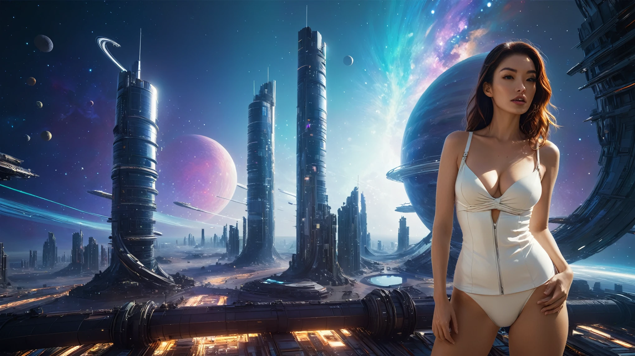 brightly colored abstract image of a space station with a spiral, epic beautiful space scifi, chaotic cinematic space rift, greg beeple, planets colliding, beeple and tim hildebrandt, beeple and jean giraud, end of the universe, galaxy space sci-fi, ringworld, by Mike "Beeple" Winkelmann. Matrix style, (((((Matrix cascading code))))), (((((a futuristic twin tower skyscraper with a unique twisted design))))), (((((OLED GUI interfaces in the building))))), at night, (((((1girl, solo))))), photo realistic, (((large-breast:1.2 slim body, cleavage))), (((off broken mini sling-shirt and black sling bra, extreamly short pleated miniskirt exposing panty))), (((((running pose))))), (((((matrix style black sunglasses))))), ((((((((((aiming with a short gun)))))))))), (((((looking at camera))))), (((very low view))), (((((half-body thigh level medium shot))))), (((cinematic lighting))).