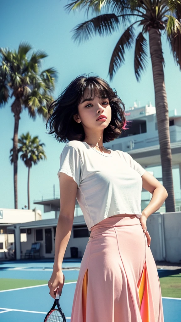 (best quality), (masterpiece), (photorealisti), 1girl, dramatic lighting, (wear white blank over size t-shirt and peach color tennis skirt,black bob hairstyles, ((background 80's architecture colourful motel)),sunny,summer, palm trees, los Angles vibes