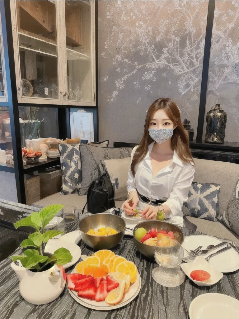A woman sits at a table with a plate of fruit and wears a mask., Taken in 2 0 2 0, gorgeous woman, abcdefghijklmnopqrstuvwxyz, By Kambun Master, หญิงKorean girlที่งดงาม, By Emma Andijewska, By Rain Renfa, beautiful south korean women, Tumblr, Korean girl, lifestyle