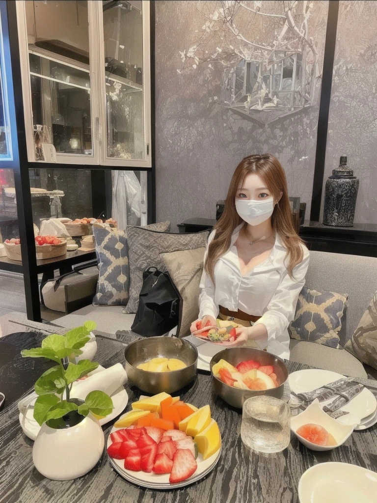 A woman sits at a table with a plate of fruit and wears a mask., Taken in 2 0 2 0, gorgeous woman, abcdefghijklmnopqrstuvwxyz, By Kambun Master, หญิงKorean girlที่งดงาม, By Emma Andijewska, By Rain Renfa, beautiful south korean women, Tumblr, Korean girl, lifestyle