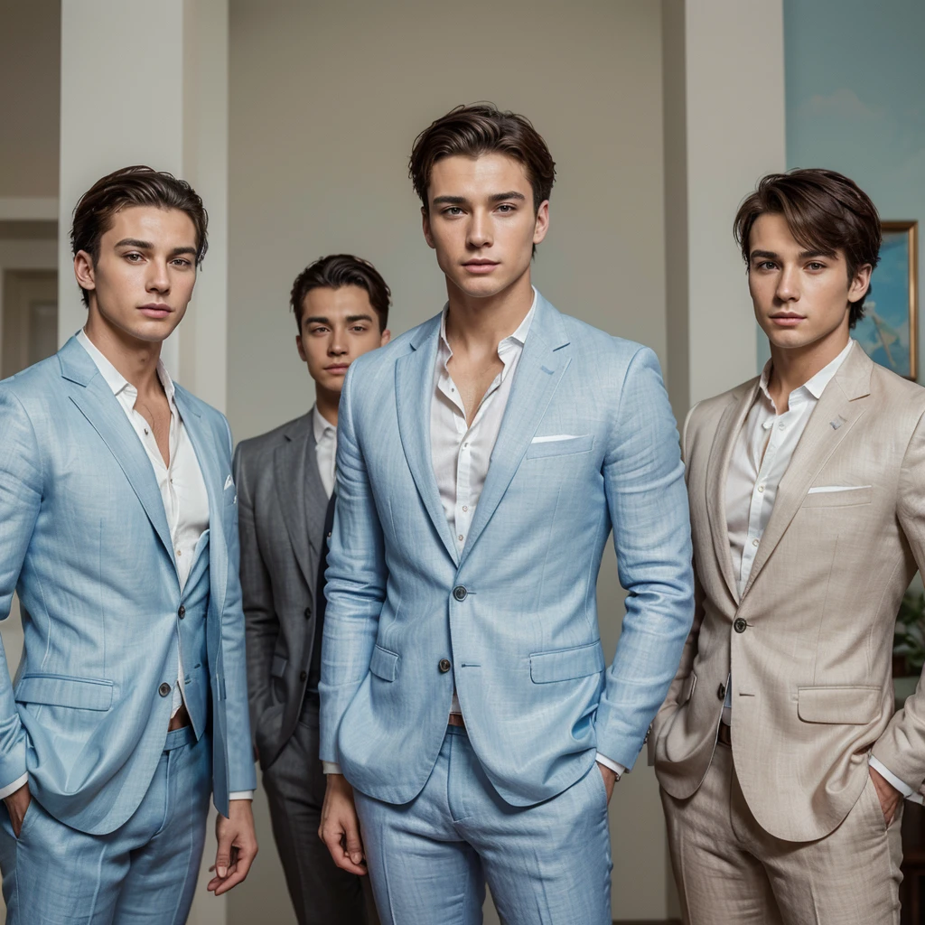 Three 25-year-old boys, with a masculine appearance, wearing a linen pastel blue suit. The scene depicts a masterpiece of art, showcasing the boy's professional and wealthy lifestyle. The image is of the best quality, with ultra-detailed features. The color tone is rich and vibrant ,masterpiece, ultra realistic, detailed face, detailed fingers