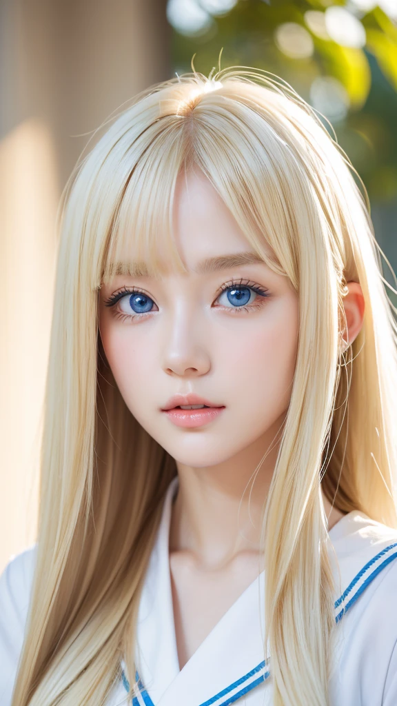 Beautiful girl with a pretty face、beautiful blonde straight super long hair、Half Body Shot、Beautiful long bangs hanging over the face、Very beautiful, bright, pale sky blue eyes、Very big eyes、Blonde hair between the eyes、Round face、Blonde hair above the eyes、片Blonde hair above the eyes、、Sailor suit、Very white and young skin、Cheek gloss、Cheek highlighter、Small Face Beauty