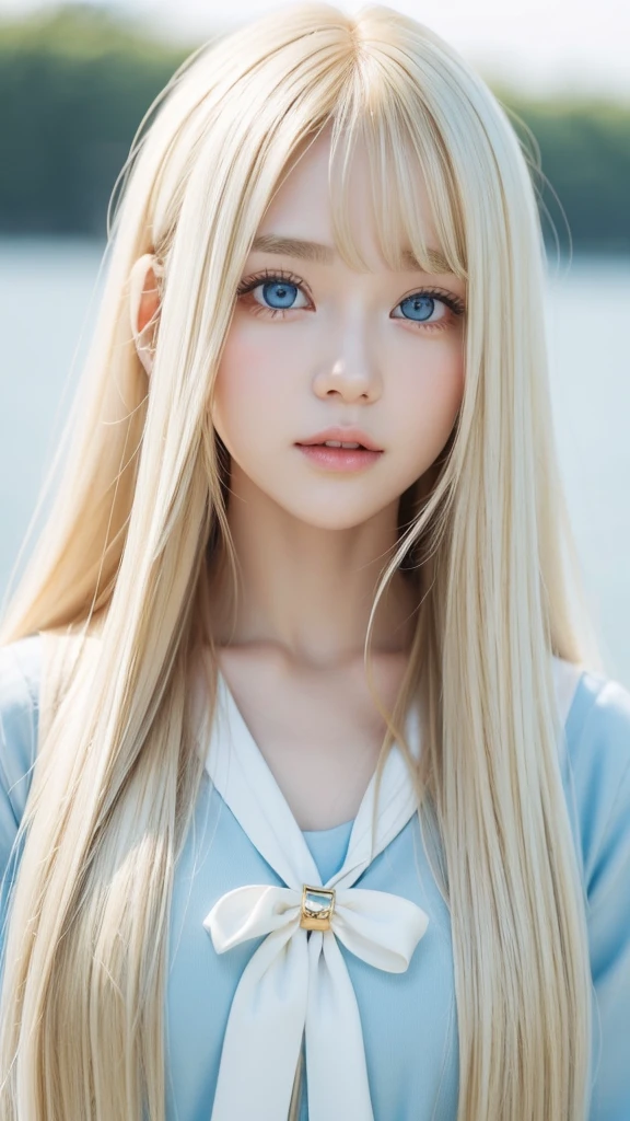 Beautiful girl with a pretty face、beautiful blonde straight super long hair、Half Body Shot、Beautiful long bangs hanging over the face、Very beautiful, bright, pale sky blue eyes、Very big eyes、Blonde hair between the eyes、Round face、Blonde hair above the eyes、片Blonde hair above the eyes、、Sailor suit、Very white and young skin、Cheek gloss、Cheek highlighter、Small Face Beauty