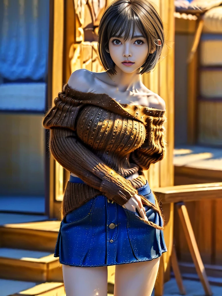 One 18-year-old Japanese woman、Japanese Idols、(Off-the-shoulder knitted brown sweater:1.8)、(Plain navy denim micro mini skirt:1.8)、bare clavicle、Naked shoulders、Deep cleavage、(The bust is never visible:1.8)、(masterpiece、highest quality、Super detailed、Best Shadow:1.2)、High resolution、((Cinematic Light))、Hyper Detail、Dramatic Light、Intricate details、Dynamic Angle、(Highly detailed CG Unity 8k wallpaper:1.2)、((masterpiece))、(Super detailed)、(Highly detailed Unity 8k wallpaper)、(Realistic Skin)、(Realistic photos、Realistic、Photorealistic)、Beautiful Japanese Women、Light brown hair、(Short Wolf Cut:1.8)、Long Bangs、Beautiful Face、Delicate and beautiful eyes、A shy smile、(Long and slender legs:1.8)、Cowboy Shot、One girl、