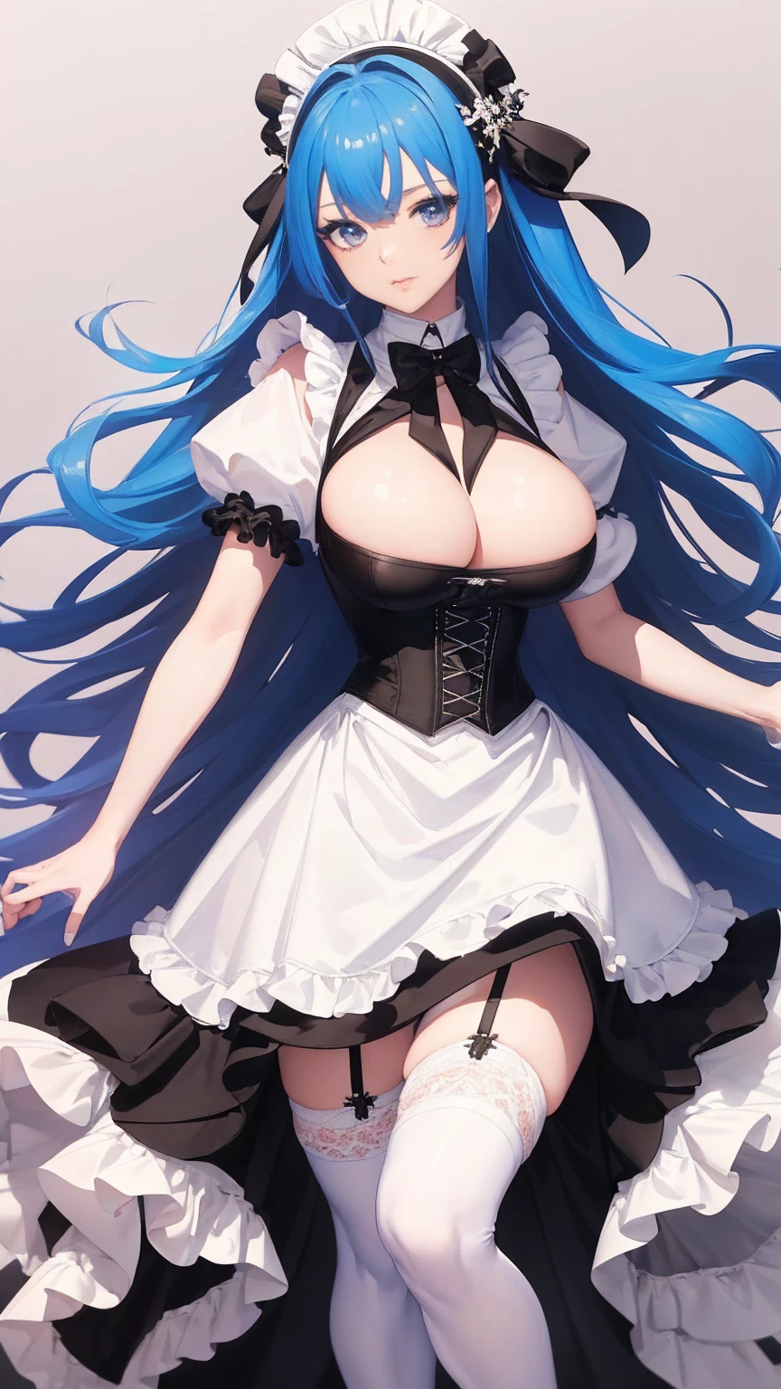 8k, (best quality, masterpiece:1.7), full body, (large breasts:1.2), very long hair, white thighhighs, high heels, (maid dress:1.4), corset, garter belts, blue hair, tall girl,