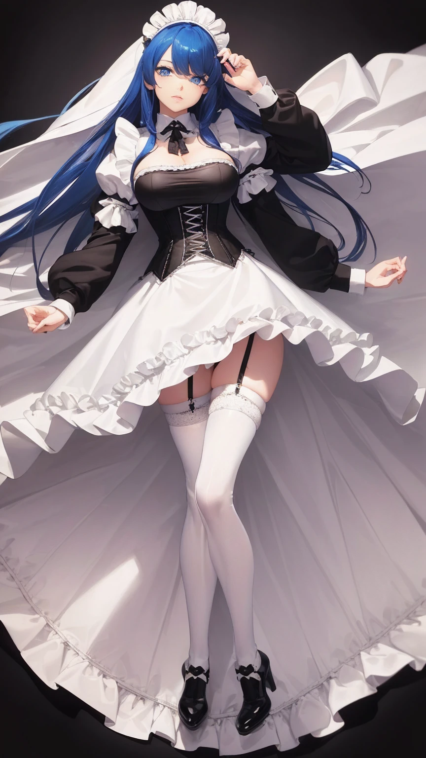 8k, (best quality, masterpiece:1.7), (full body:1.5), (huge breasts:1.2), very long hair, white thighhighs, high heels, (maid dress:1.4), corset, garter belts, blue hair, tall girl,