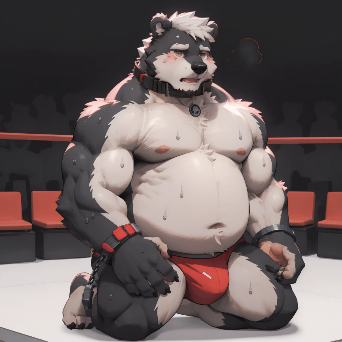 masterpiece, best quality, 8k resolution, Very detailed, hairy，(((Black Bear))，(((Mature)))，(((middle aged)))，(((blush)))，portrait，(((red eyes)))，(((white hair)))，((()))，(((Shirtless)))，(((Fat-enclosed muscle)))，For the audience，(((Shame)))，Highest quality scenes，solitary，solitary，(((Hip bulge)))，(((sweat)))，((thong))，(((Limb shackles))))，(((Collar)))，(shameful)，Kneeling on the floor(((kneeling)))，(((blush的)))