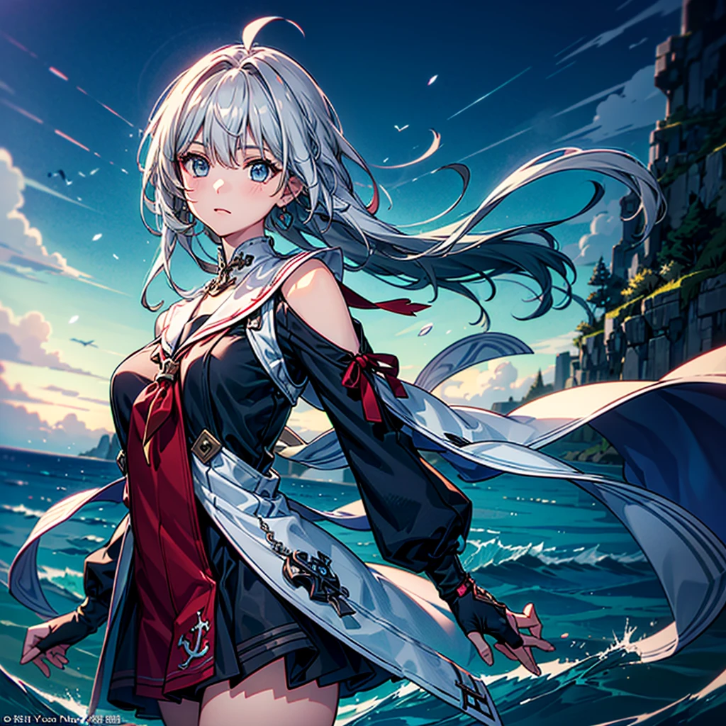 1girl、The best dynamic composition、hbyxcj, scenery、(((最high quality、最高masterpiece、Super detailed、Official Art、The best dynamic composition)))、Anime Style、Dynamic pose、Dynamic composition、whole body,masterpiece, 最high quality, high quality, Very detailed CG uniform 8k wallpaper,  Exposing shoulders,, Black tiara, clavicle, arm written depth, High resolution, bloom, chromatic aberration, realism, Very detailed, Art Station Complex, High detail, dramatic、Huge⚓、anchor、In a white sailor suit、Light blue line、Sailor、Gray hair and light blue gradient hair color、Sparkling、The glow of the sea is reflected、Disorganized、Fantasy、Fantasy、 long sleeves,  fingerless gloves, 