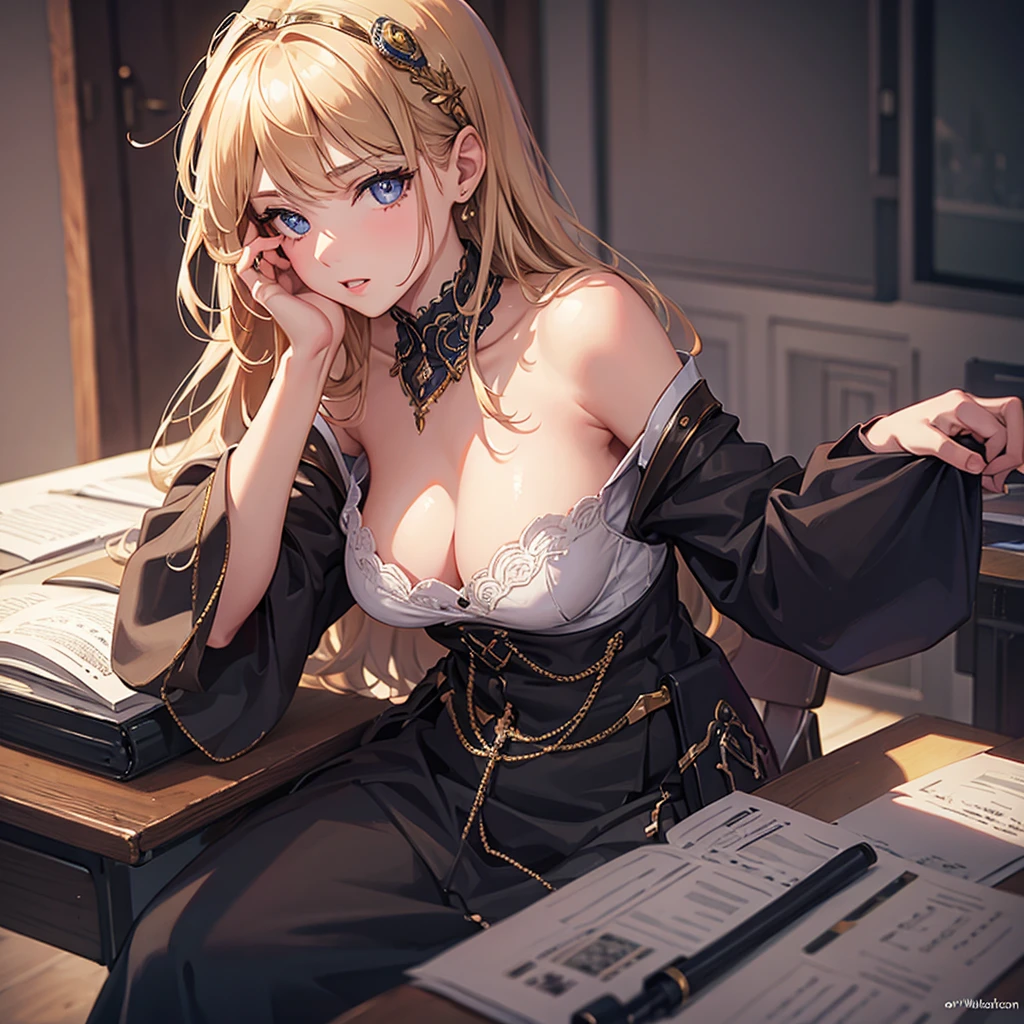 1girl, sitting on a school desk, beautiful detailed eyes, beautiful detailed lips, extremely detailed face, long eyelashes, , focused expression, photorealistic, 8k, highly detailed, intricate, vivid colors, dramatic lighting, cinematic, trending on artstation
