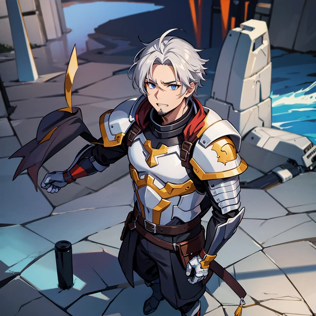 8k、((Full body character concept, Detailed character design))、highest quality, Best Quality,Best illustrationiddle agesの騎士、armor)))、middle ages、(elder、male、70 years old)、(Thin goatee)、(Gray Hair)、From above