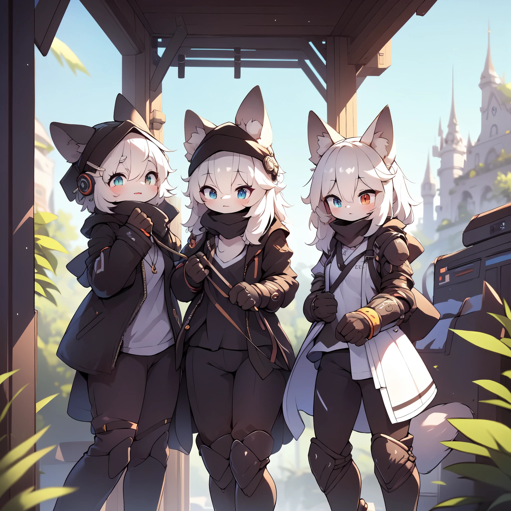 Kawaii, Striped Fluffy Fox, emaciated, long hair, 3girls, artificial synthetic skin, life support prosthetics, digital headphones, black tight latex bodysuit, white long dress, thigh-high-socks, shorts, loose off-the-shoulder hood open jacket, holsters in thigh, Mechanical boots, tactical knee pads, tactical belted loose Arm Sleeves, cybernetic Display gloves, chest rigs, tactical belts, blue archive halo, bulletproof goggles on forehead, from Ark nights, ray tracing, depth of field, bloom, masterpiece, ccurate, high details, highres