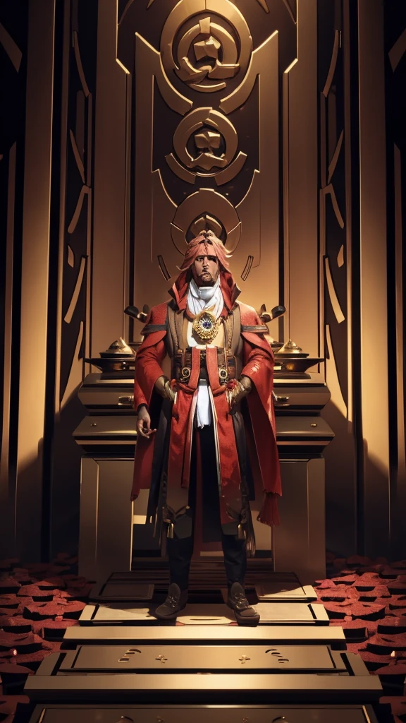 A man thinking, standing near chamber filled with gold coints and many caskets/