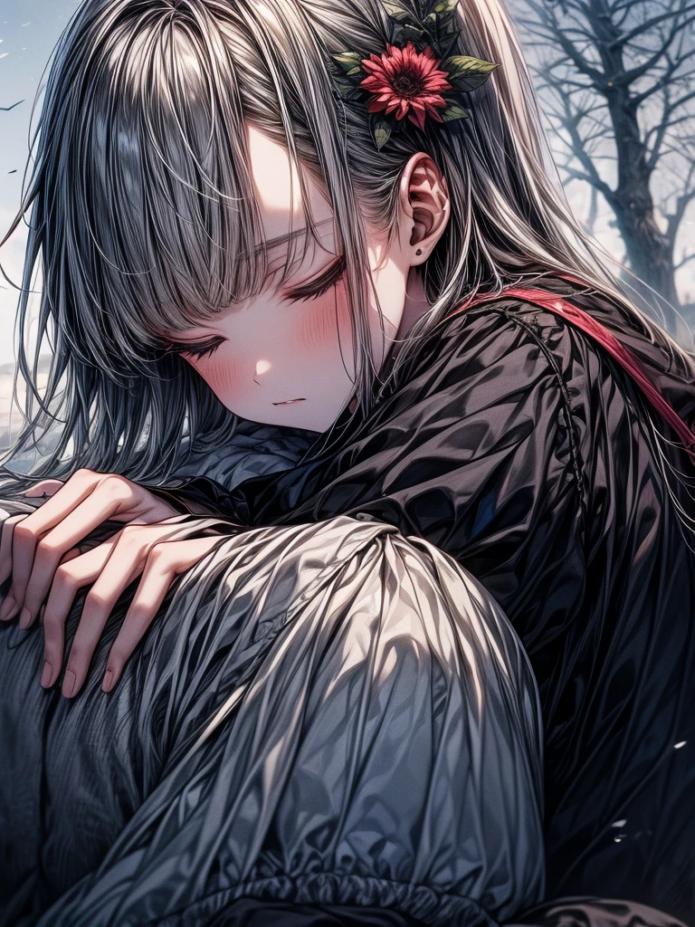 The sky is dyed grey,
The wind is cold and blows
tree々Drop leaves
flower々falls asleep
