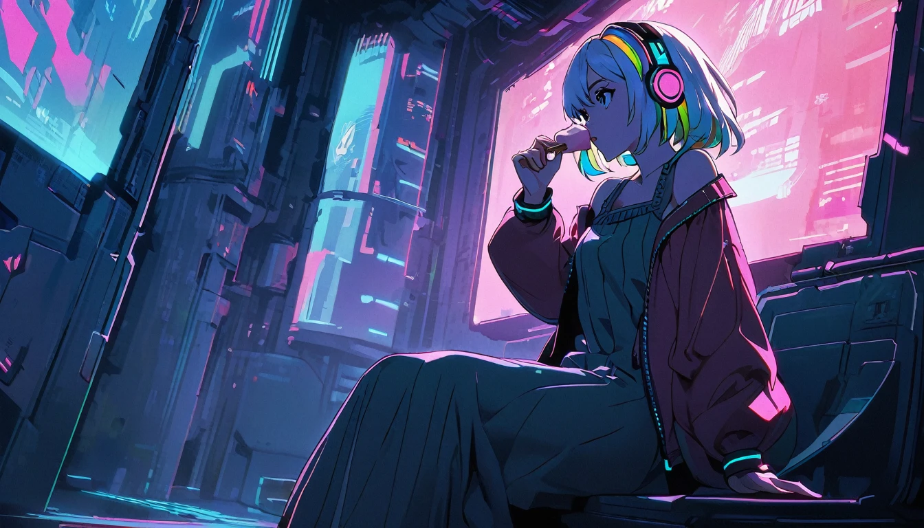 Handsome cute, Solitary, 1 female, Medium Length Hair, white hair, Rainbow hair, blue Eyes, Rainbow headphone, knit dress, Futuristic, Cyberpunk, Cybernetics panoramic, in the lo-fi sunset, looking away, Sitting, eat ice-cream,