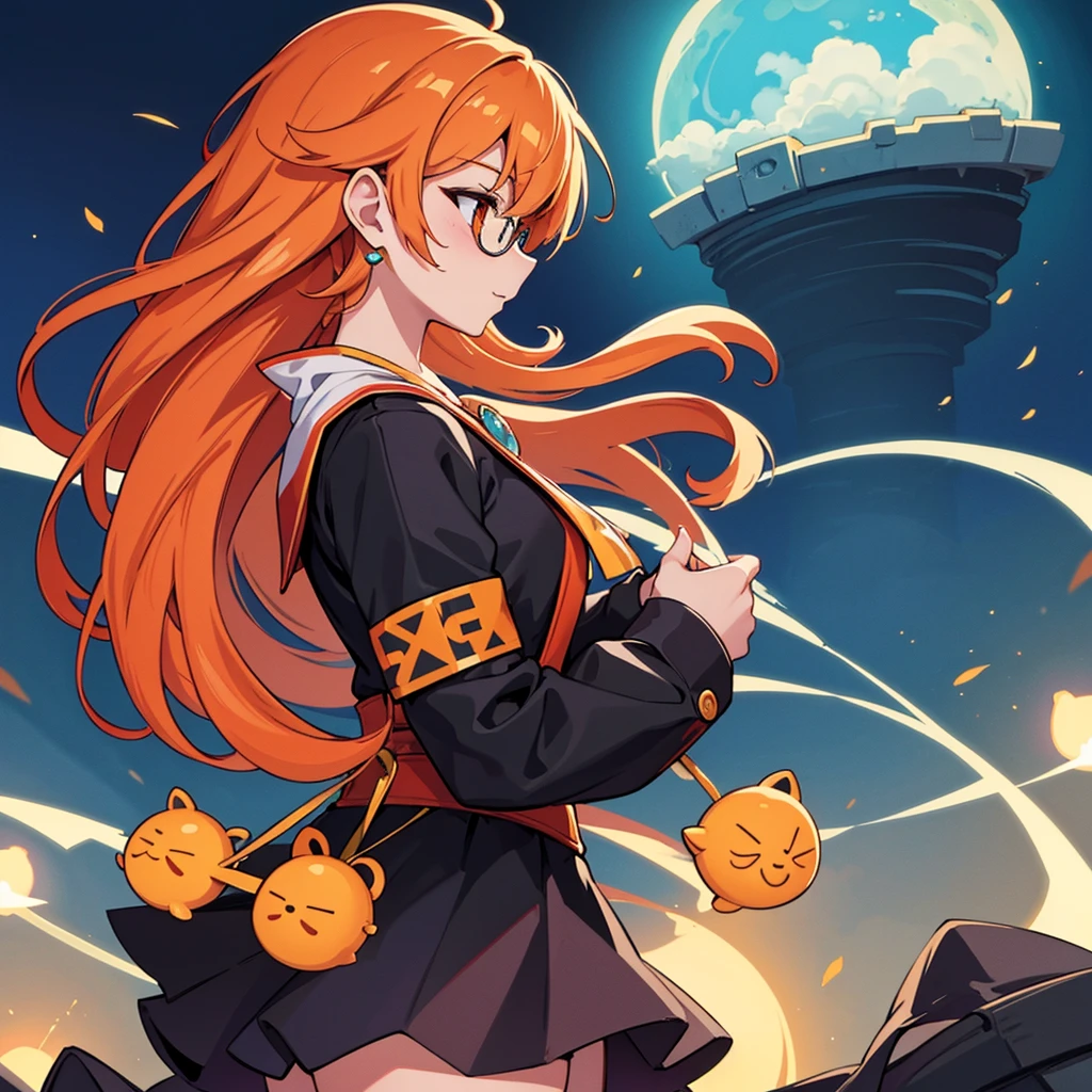 One girl, alone, Go to the river, Orange Hair, Wear glasses on your head, Orange eyes, jewelry, meanwhile, Earrings, View Viewer, Outdoor, crowd, compensate, Magical girl, Twin Drill, Drill Hair, Night City, Open your mouth, Smiley, Projected Inset, tachi-e, Projected Inset, Projected Inset, Character Chart, Attention to detail, high quality, Super detailed, Anatomically correct、(From the side、profile)