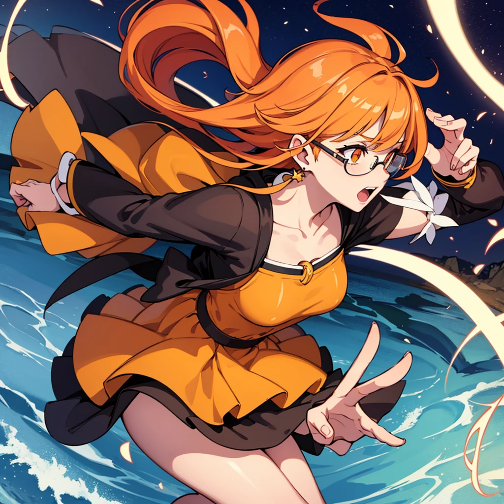 One girl, alone, Go to the river, Orange Hair, Wear glasses on your head, Orange eyes, jewelry, meanwhile, Earrings, View Viewer, Outdoor, crowd, compensate, Magical girl, Twin Drill, Drill Hair, Night City, Open your mouth, Smiley, Projected Inset, tachi-e, Projected Inset, Projected Inset, Character Chart, Attention to detail, high quality, Super detailed, Anatomically correct、(From the side、profile)
