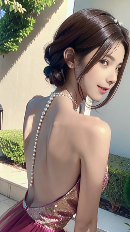 Enako,
One Woman,
Brown Hair,
straight(Short Hair.05),
Pearl decoration,
Golden Necklace,
hair ornaments,
Natural skin texture,Slightly large breasts,Narrow waist,
Pink lipstick,
Glamor(Black Dress.08),
garden,Outdoor,
Slightly larger breasts,Beautiful valley,expression(smile),From the side,Broken posture,
gardenを見る,
Tilt your head 25 degrees,Beautiful back,back of head,
Depict the whole body,
Beautiful shiny eyes,
Beautiful depiction,
Healthy Body,
Natural hairstyle,
Natural body contours,
Natural facial contours,
Beautiful image quality,Delicate shades,4K,Very detailed,Delicate light adjustment,Delicate contour drawing,