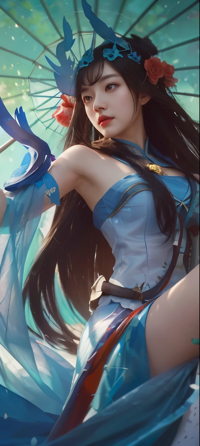 a woman in a blue dress holding a fan and a umbrella, by Fan Qi, trending on cgstation, extremely detailed artgerm, by Yang J, ruan jia and artgerm, irelia, ig model | artgerm, bian lian, fanart best artstation, inspired by Lan Ying, ! dream artgerm, yun ling