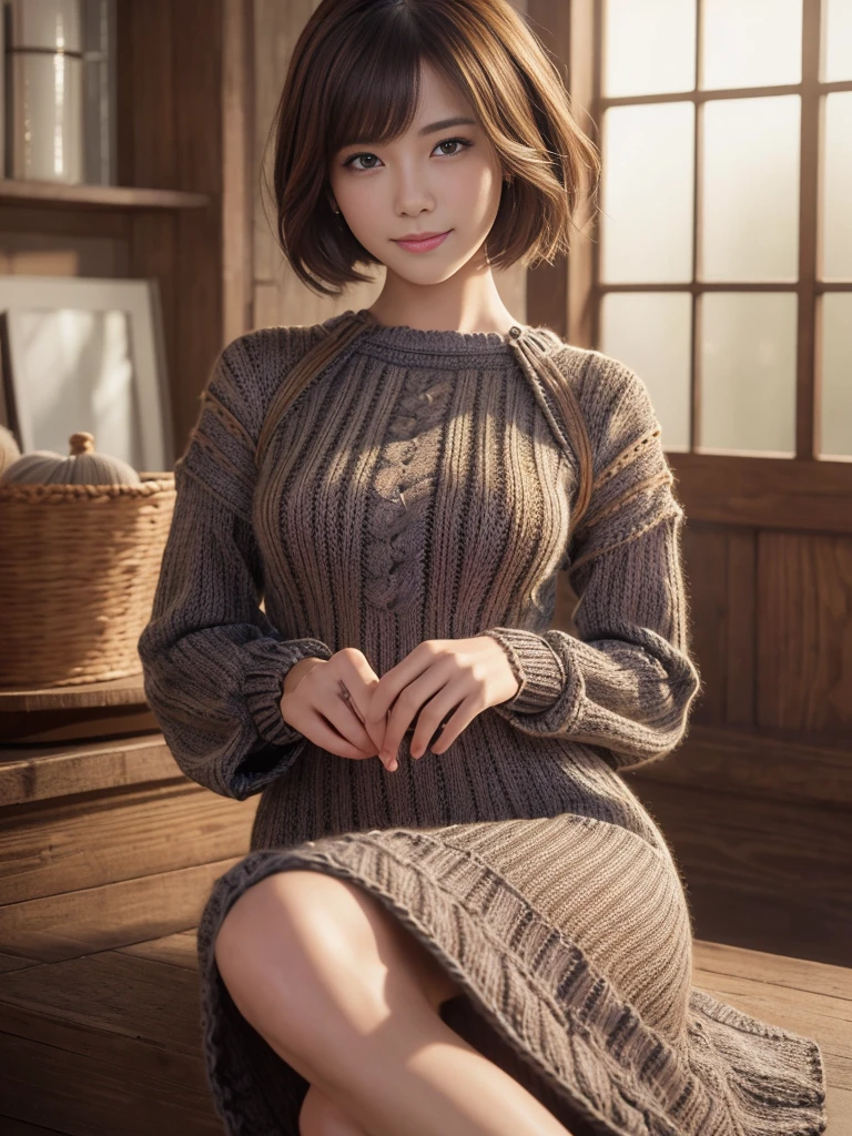 (masterpiece, highest quality, Super detailed, Best Shadow:1.2), High resolution, ((Cinematic Light)), Hyper Detail, Dramatic Light, Intricate details, Dynamic Angle, (Highly detailed CG Unity 8k wallpaper:1.2), Shyness,
((masterpiece)), (Super detailed), (Highly detailed Unity 8k wallpaper), (Realistic Skin), (Realistic photos, Realistic, Photorealistic), Beautiful Japanese Women, (Knit dress:1.4), Beautiful Hair,Brown Hair, short hair,Beautiful Face, Delicate and beautiful eyes, smile,Beautiful feet, See through,Cowboy Shot