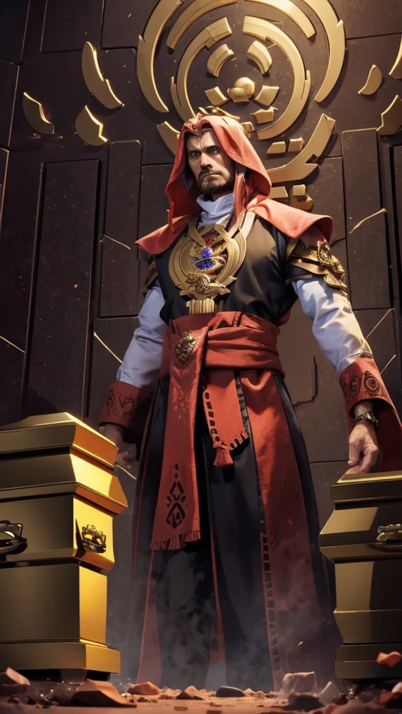 A man thinking, standing near chamber filled with gold coints and many caskets/