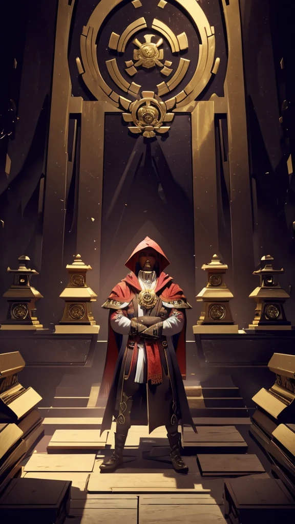 A man thinking, standing near chamber filled with gold coints and many caskets/
