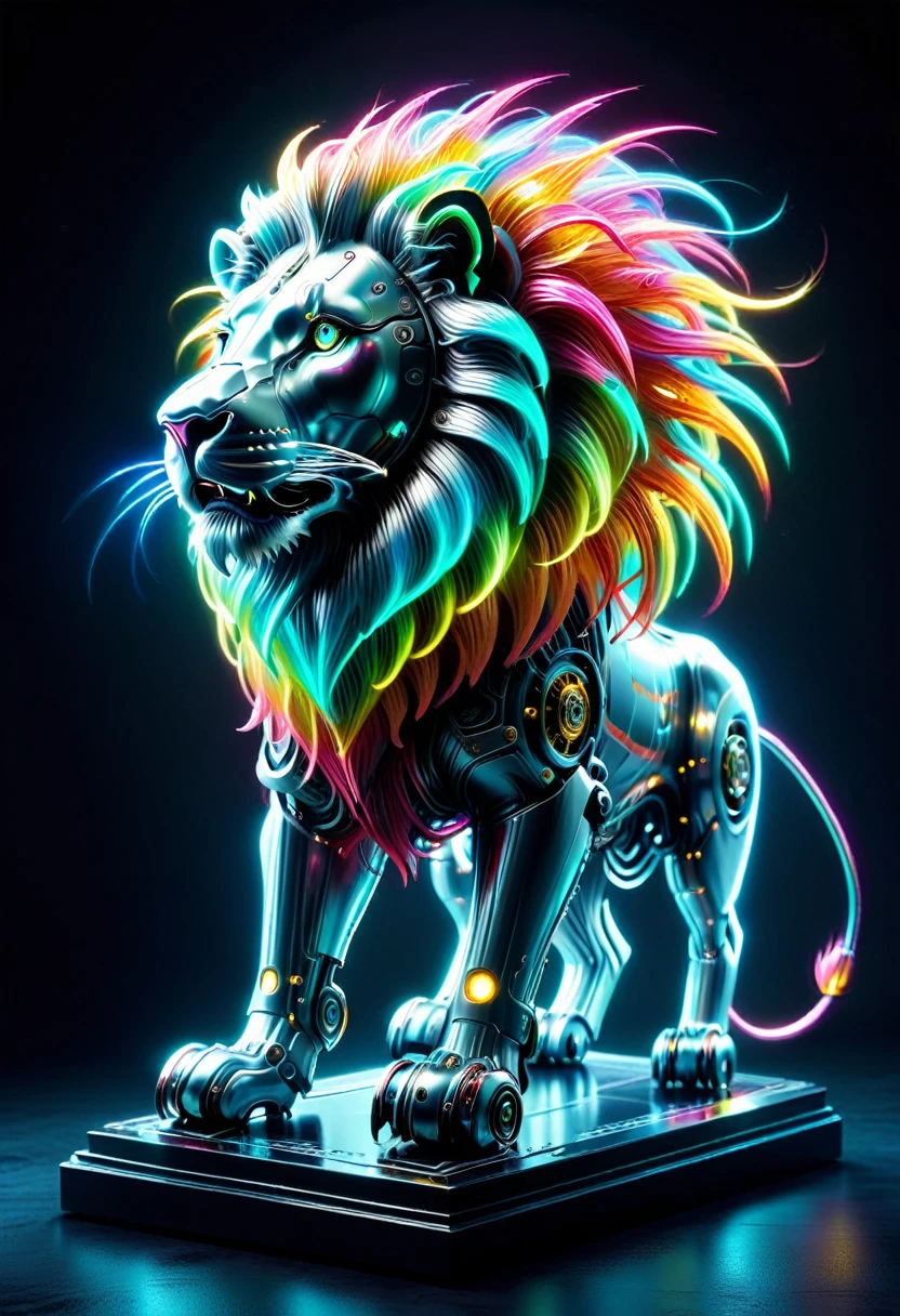 (Mechanical Lion:1.5)，Mythical creatures , (Mythical Machine), (Mechanobiology)，Mysterious，phantom，transparent，Bioluminescence，Divine Light，fluorescence，Charm，mystery，Bright colors，Detailed explanation，real，Super real，A spectacular technological fantasy，epic surrealism，Spectacular future fantasy，Bright colors