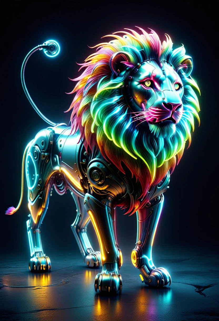 (Mechanical Lion:1.5)，Mythical creatures , (Mythical Machine), (Mechanobiology)，Mysterious，phantom，transparent，Bioluminescence，Divine Light，fluorescence，Charm，mystery，Bright colors，Detailed explanation，real，Super real，A spectacular technological fantasy，epic surrealism，Spectacular future fantasy，Bright colors