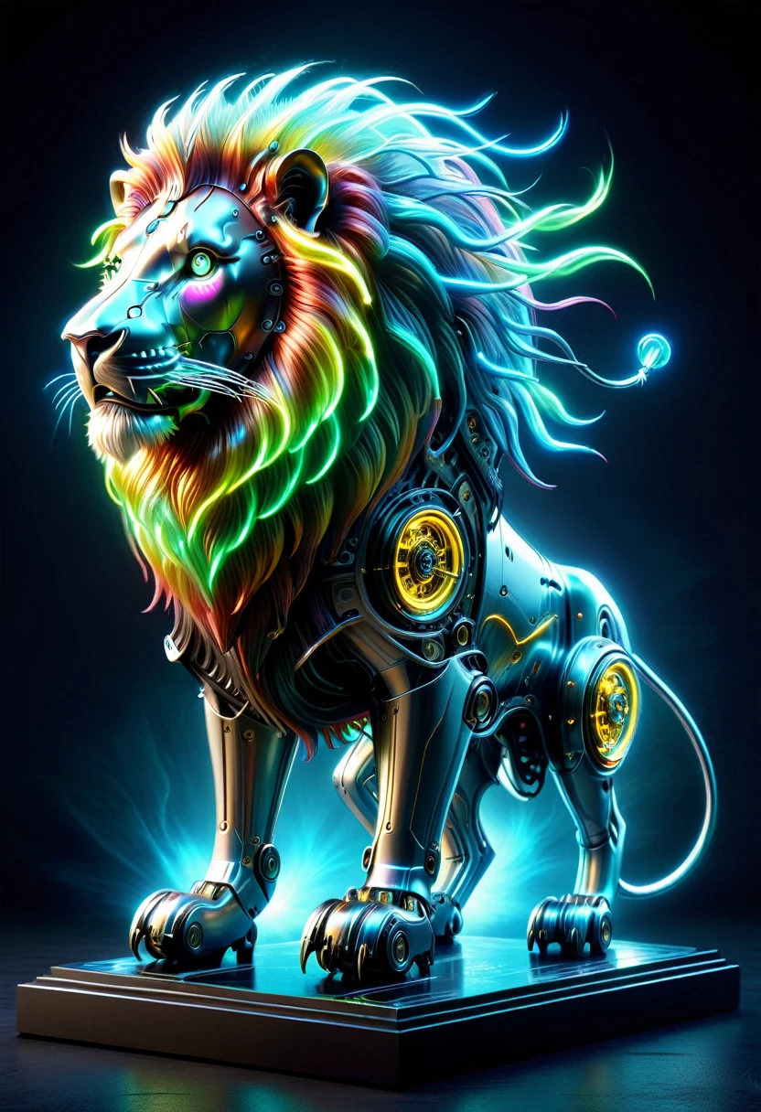 (Mechanical Lion:1.5),Mythical creatures , (Mythical Machine), (Mechanobiology),Mysterious,phantom,transparent,Bioluminescence,Divine Light,fluorescence,Charm,mystery,Bright colors,Detailed explanation,real,Super real,A spectacular technological fantasy,epic surrealism,Spectacular future fantasy,Bright colors