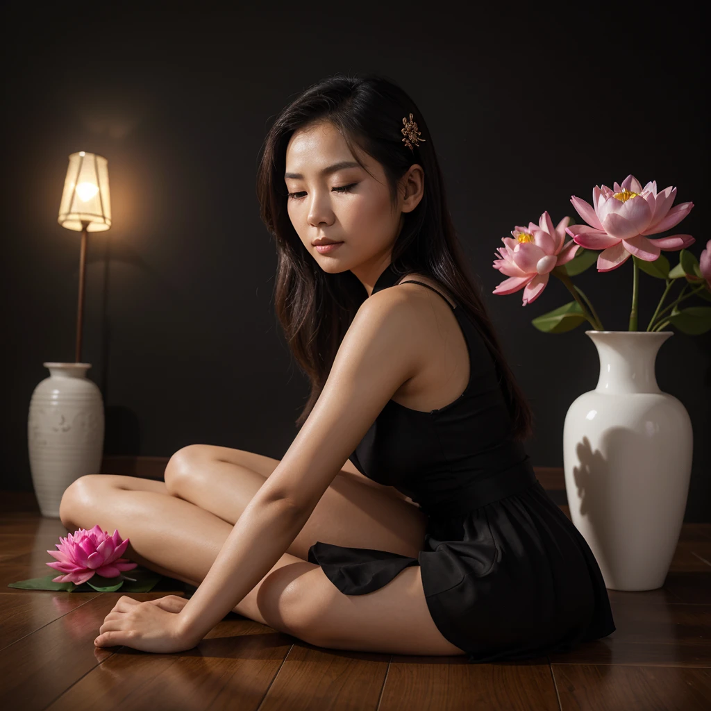 A beautiful Vietnamese woman is sleeping on the floor, wearing an ao dai and next to her there is a vase with pink lotus flowers. The background has dark tones, a black wall behind it, and in front of it sits a dragon head statue, in the style of a realistic photo. She appears peaceful as if dreaming with a dark background. Her hair falls gently over one shoulder, adding depth to the scene.