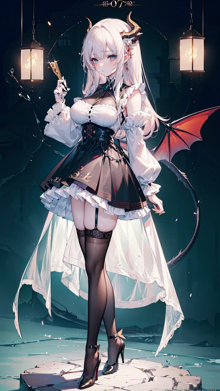 (masterpiece, top quality, best quality, official art, beautiful and aesthetic:1.3), (8k, best quality, masterpiece:1.2),(full body:1.3) (large breasts:1.2), long hair, black thighhighs, high heel, (microskirt:1.1), garter belt, dragon's horn,dragon's wing,
