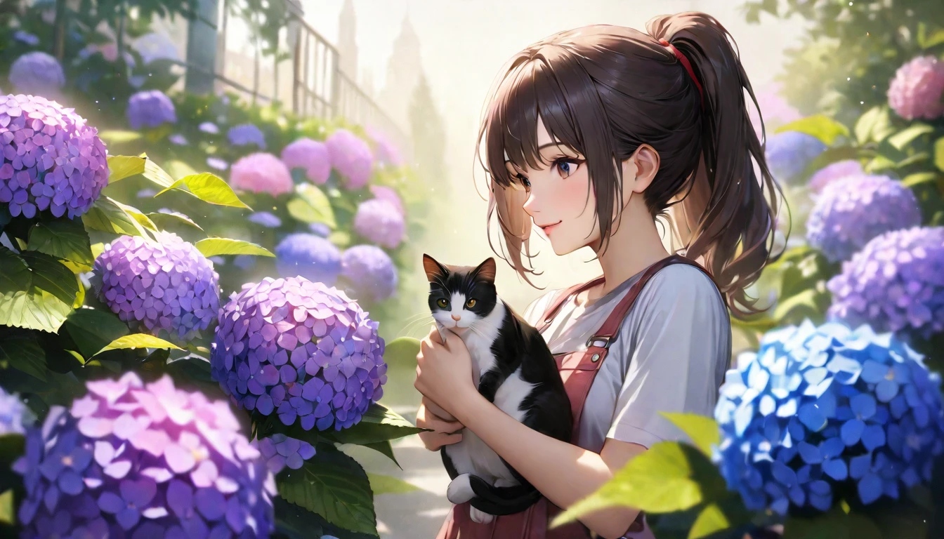 Hydrangea Park, Cute casual clothes,Holding a cat,Blur the background,High school girls,ponytail,smile,Glitter effect,highest quality, 4K, 8k, High resolution, masterpiece:1.2, Very detailed, Realistic:1.37, High resolution, 超High resolution, Ultra-fine painting, Sharp focus, Physically Based Rendering, Very detailedな説明, Professional, Vibrant colors