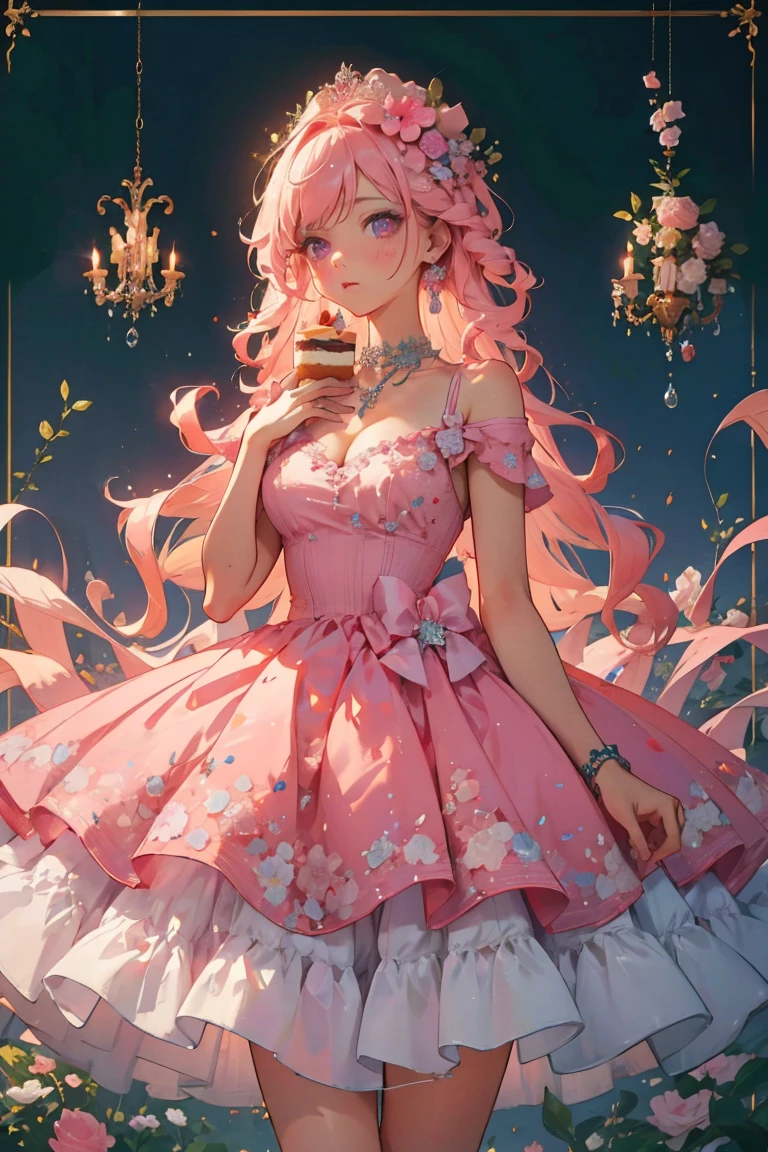 masterpiece, glowing,1 woman,  wrenchelegadome, hair ornament, jewelry, pink dress, detailed face, large breast, long pink hair hair, cute, sweets, cake, pink theme, dolls, cute pink theme