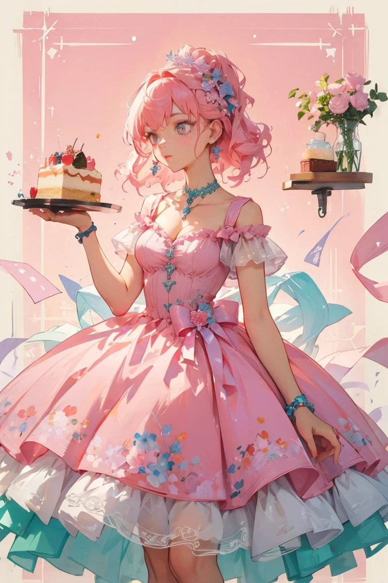 masterpiece, glowing,1 woman,  wrenchelegadome, hair ornament, jewelry, pink dress, detailed face, large breast, long pink hair hair, cute, sweets, cake, pink theme, dolls, cute pink theme