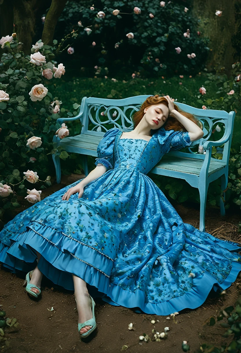 arafed woman in a blue dress laying on a bench in a garden, monia merlo, persephone in spring, fine art fashion photography, ophelia, inspired by Arthur Hughes, miss aniela, inspired by John Collier, by Galen Dara, enchanted dreams. instagram, inspired by Konstantin Somov, laying on roses, sleeping beauty fairytale